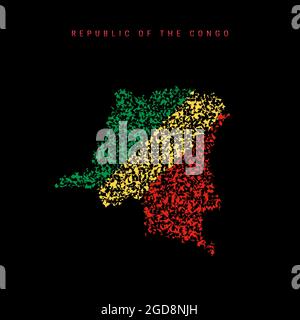 Mappa della bandiera della Repubblica del Congo, schema di particelle caotiche nei colori della bandiera congolese. Illustrazione isolata su sfondo nero. Foto Stock