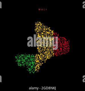 Mappa della bandiera di Mali, schema di particelle caotiche nei colori della bandiera maliana. Illustrazione isolata su sfondo nero. Foto Stock