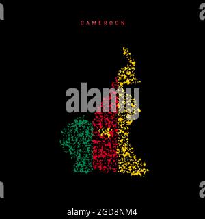 Mappa della bandiera del Camerun, schema di particelle caotiche nei colori della bandiera Camerunese. Illustrazione isolata su sfondo nero. Foto Stock