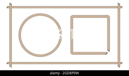 Cornici quadrate e rotonde realizzate in spessa corda marrone. Set di bordi della fune. Illustrazione piatta isolata su sfondo bianco. Foto Stock
