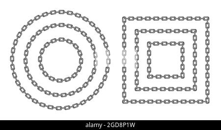 Set di catene nere rotonde e quadrate. Cerchio nero e telaio a catena rettangolare di varie dimensioni. Illustrazione piatta isolata su sfondo bianco. Foto Stock