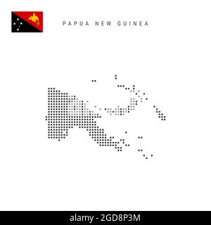 Mappa dei motivi a punti quadrati di Papua Nuova Guinea. PNG mappa punteggiata con bandiera nazionale isolata su sfondo bianco. Illustrazione. Foto Stock