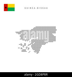 Mappa dei motivi a punti quadrati della Guinea-Bissau. Repubblica di Guinea-Bissau mappa punteggiata con bandiera nazionale isolata su sfondo bianco. Foto Stock