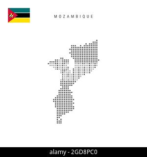 Mappa dei motivi a punti quadrati del Mozambico. Mappa dei pixel punteggiati del Mozambico con bandiera nazionale isolata su sfondo bianco. Illustrazione. Foto Stock