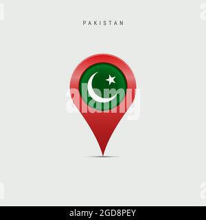 Cartografia a goccia con bandiera del Pakistan. Bandiera pakistana inserita nel pin della mappa della posizione. Illustrazione 3D isolata su sfondo grigio chiaro. Foto Stock