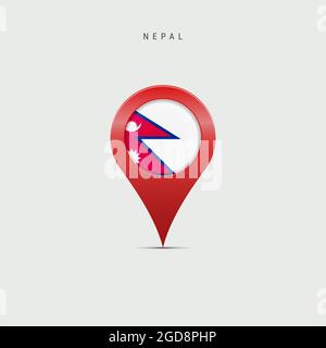 Marcatore a goccia con bandiera del Nepal. Flag nepali inserito nel pin della mappa della posizione. Illustrazione 3D isolata su sfondo grigio chiaro. Foto Stock