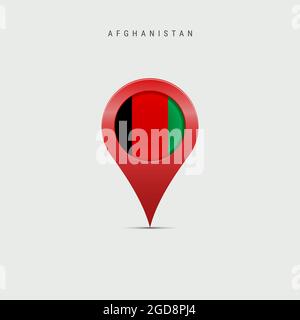 Cartografia a goccia con bandiera dell'Afghanistan. Bandiera afgana inserita nel pin della mappa della posizione. Illustrazione 3D isolata su sfondo grigio chiaro. Foto Stock