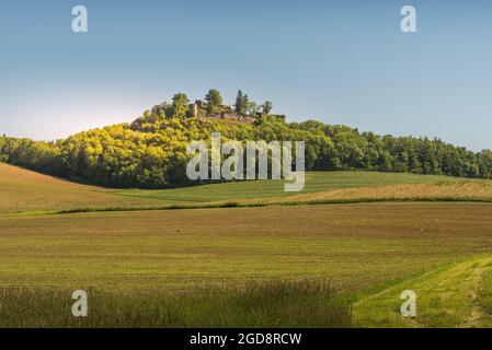 Vulcano Hegau Maegdeberg con rovina delle caste, distretto di Konstanz, Baden-Wuerttemberg, Germania Foto Stock