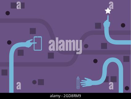 Tre lancette lunghe braccia di disegno che puntano le dita che toccano la penna e la stella del dispositivo mobile. Più punti di disegno della mano allungati simboli del telefono della penna del dito. Illustrazione Vettoriale