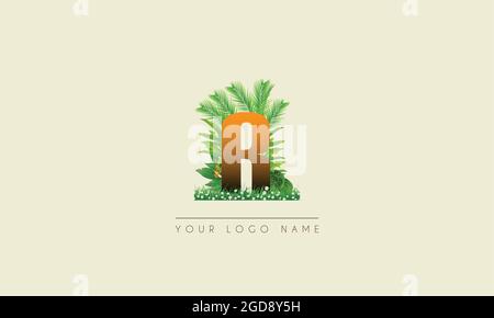 Initial Letter R Exotic Summer Tropical Palm Leaves Refreshing Beach Icon logo design Illustrazione Vettoriale