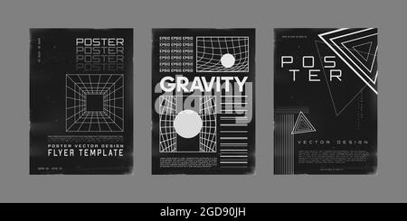 Set di poster di design retrofuturistico. Poster in stile cyberpunk 80s con tunnel a griglia prospettica, visualizzazione a gravità, forme a triangolo. Shabby Illustrazione Vettoriale