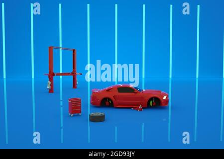 modello 3d di un'auto rossa su sfondo blu isolato in un garage in riparazione. Auto isometrica rossa realistica su sfondo blu. Parti per la riparazione del Foto Stock