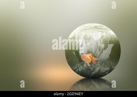 Vista subacquea con pesci rossi intrappolati in sacchetti di plastica sul lago. Inquinamento plastico. Concetto di ambiente Foto Stock