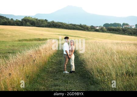 Bella coppia eterosessuale in un campo d'erba a piedi e baciare Foto Stock