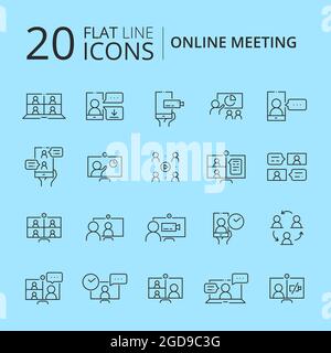 Semplice set di linee relative alle riunioni online Illustrazione Vettoriale