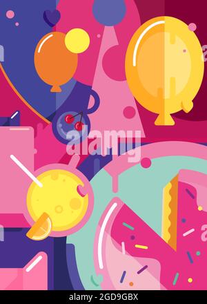 Poster buon compleanno con torta e palloncini. Cartolina di vacanza design in stile astratto. Illustrazione Vettoriale