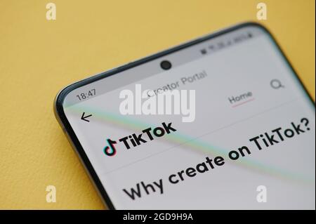 New york, USA - Giugno 24 2021: Il portale del creatore di lettura dell'app TikTok sullo schermo dello smartphone da vicino Foto Stock