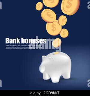 Banner Web con rendering bianco porcellino in 3d e monete d'oro euro e dollaro che cadono in esso, promo bonus bancari Illustrazione Vettoriale