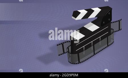 poster orizzontale con clapperboard e nastro adesivo su sfondo blu astratto. Sfondo per la prima del film. Vettore 3d realistico Illustrazione Vettoriale