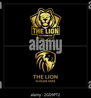 Lussuoso design Gold testa leone con logo Shield king Illustrazione Vettoriale