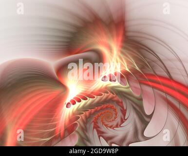 Spirali frattali e fori si attorcigliano e galleggiano nello spazio. Disegno 3d frattale astratto. Pattern a spirale ripetitivo, vortice ritorto. Rotazione simmetrica ricorsiva Foto Stock