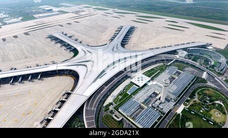 (210812) -- QINGDAO, 12 agosto 2021 (Xinhua) -- Foto aerea scattata il 11 agosto 2021 mostra l'aeroporto internazionale di Qingdao Jiaodong a Qingdao, nella provincia di Shandong, nella Cina orientale. L'aeroporto internazionale di Qingdao Jiaodong, un nuovo aeroporto di Shandong, è entrato ufficialmente in funzione giovedì, ha detto il Qingdao Airport Group. L'aeroporto è classificato come 4F, il più alto della classe aeroportuale cinese in grado di gestire grandi aeromobili, tra cui l'Airbus A380, il più grande aereo di linea passeggeri del mondo, ha detto il gruppo. Nel frattempo, l'aeroporto internazionale di Qingdao Liuting è stato chiuso con l'arrivo del nuovo aeroporto Foto Stock