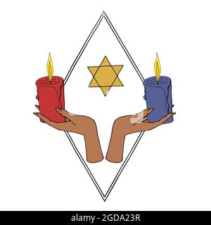 Mani mistiche vintage dorate e nere che tengono candele con esagramma. Illustrazione Vettoriale