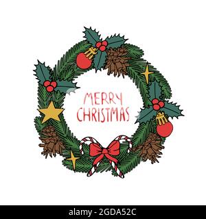 Linea colorata Art Christmas Wreath clipart, rami verdi di abete rosso decorati con baubles e coni di pino. Illustrazione Vettoriale