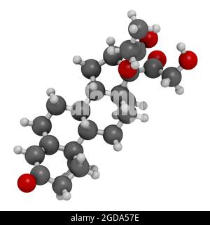 Molecola di farmaco di Clascoterone. Rendering 3D. Foto Stock