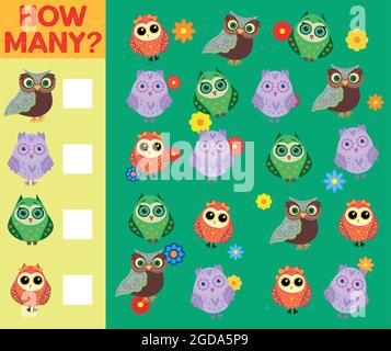 Illustrazione di Cartoon del gioco di attività di conteggio educativo per i bambini con i caratteri degli uccelli. Illustrazione Vettoriale