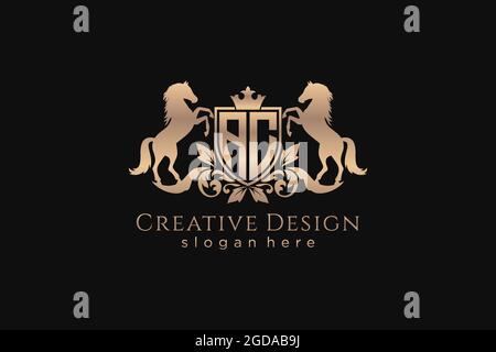 Stemma d'oro AC retro con scudo e due cavalli, stemma con scroll e corona reale - perfetto per progetti di branding di lusso Illustrazione Vettoriale