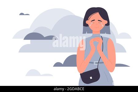 Triste ragazza piangendo, cattivo umore negativo e loneliness illustrazione vettoriale. Cartoon sconvolto infelice personaggio giovane donna in piedi da solo e piangendo, stress ansia malattia problema concetto isolato su bianco Illustrazione Vettoriale