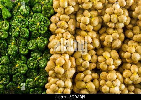 Il peperoncino e le patate dolci sono messi in vendita in una stalla al mercato all'aperto. Camaçari, Bahia, Brasile. Foto Stock