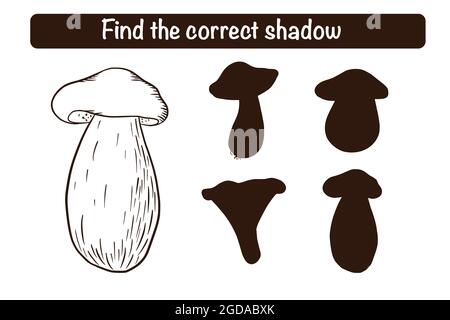 Trova il corretto Boletus Silhouette Orange-cap gioco educativo per i bambini. Attività di abbinamento ombra per bambini con funghi commestibili. Puzzle prescolare. Foglio di lavoro didattico Illustrazione Vettoriale
