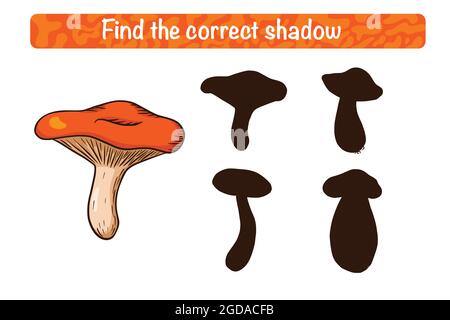 Trova il gioco educativo Russula Shadow corretto per i bambini. Attività di abbinamento ombra per bambini con funghi commestibili. Puzzle prescolare. Foglio di lavoro didattico. Trova il gioco di silhouette corretto Illustrazione Vettoriale