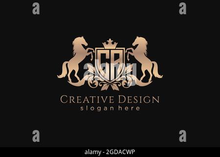 CRESTA dorata CA retro con scudo e due cavalli, modello badge con scroll e corona reale - perfetta per progetti di branding di lusso Illustrazione Vettoriale