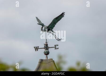 stira weathervane a forma di cicogna con sfondo sfocato, uno strumento utilizzato per mostrare la direzione del vento Foto Stock