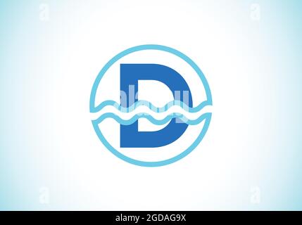 Alfabeto monogramma iniziale D in un cerchio con onde d'acqua. Design con logo Water WAVE. Logo per l'oceano, le attività legate al mare e l'identità dell'azienda Illustrazione Vettoriale