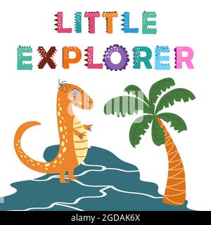 Simpatico dinosauro a mano con scritta Love Adventure. Dino piatto personaggio, cartoon illustrazione per i bambini gioco, libro, t-shirt, banner, carta Illustrazione Vettoriale