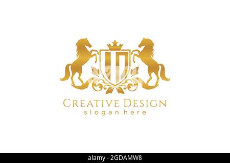 IN cresta dorata retro con scudo e due cavalli, modello badge con scroll e corona reale - perfetto per progetti di branding di lusso Illustrazione Vettoriale