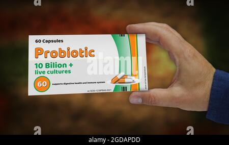 Produzione di confezioni probiotiche. Scatola di farmaco di terapia antibiotica medica in mano. Illustrazione del rendering 3d del concetto astratto. Colture batteriche vive per la salute Foto Stock