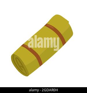 Tappeto da campeggio di viaggio, turismo e avventura estiva all'aperto illustrazione vettoriale. Cartoon tourist tappeto arrotolato, camper attrezzature per campeggio vacanza in natura isolato su bianco Illustrazione Vettoriale