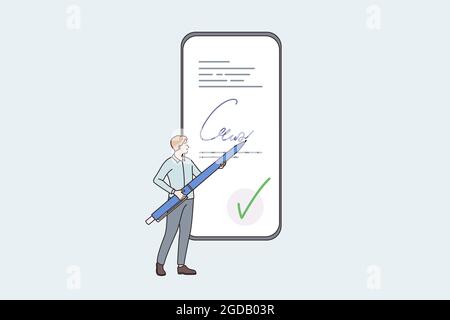 Firma elettronica e concetto di tecnologie. Piccolo uomo in piedi tenendo la penna grande nelle sue mani rendendo firma carta on-line sullo schermo smartphone illustrazione vettoriale Illustrazione Vettoriale
