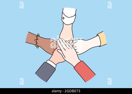 Lavoro di squadra, diversità, accordo, concetto di partnership. Mani umane di gruppi etnici misti che tengono insieme, significando comunità sociale e unità illustrazione vettoriale Illustrazione Vettoriale
