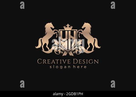 Cresta dorata VH retro con scudo e due cavalli, modello badge con scroll e corona reale - perfetta per progetti di branding di lusso Illustrazione Vettoriale
