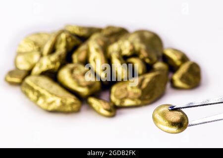 Pepite d'oro reale colte su sfondo bianco isolato, concetto di estrazione di pietre rare. Foto Stock