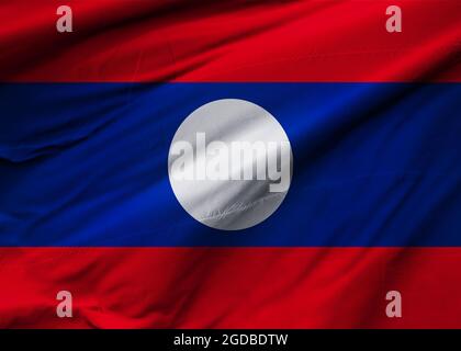 Bandiera della Repubblica democratica popolare del Laos che soffia nel vento. Texture di sfondo. Vientiane. Illustrazione 3d. Rendering 3d. Foto Stock