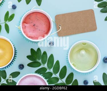 Vegan, composizione alimentare con vari prodotti fatti in casa, vegan, gelato alla frutta, foglie, mirtilli e etichetta vuota su sfondo blu. Senza latticini, ghiaccio di frutta Foto Stock