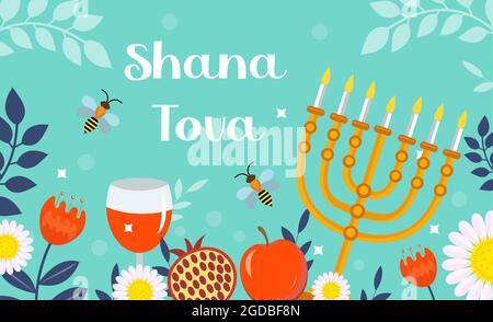 Happy Rosh Hashanah biglietto d'auguri. Shana Tova modello per il tuo design con simboli e fiori tradizionali. Festa ebraica. Felice anno nuovo in Israele Illustrazione Vettoriale