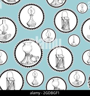 Motivo senza cuciture di lampade e lanterne in vintage kerosene con disegno circolare in pizzo su sfondo colorato. Cucina ornata Illustrazione Vettoriale